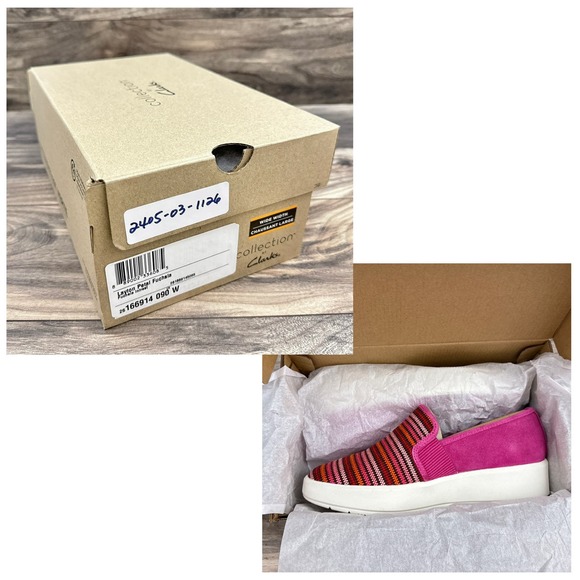 NIB Clarks Layton Petal 9W WIDE Slip On Comfort Sneakers fuchsia Pink - Picture 11 of 12